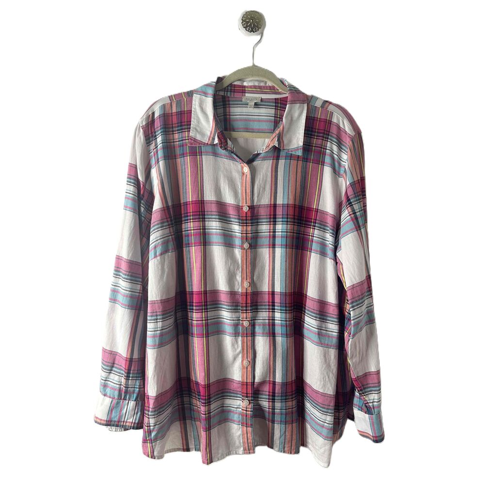 Talbots Shirt Womens Size 3X Pink BlueWindowpane Plaid Button Down Collared L/S